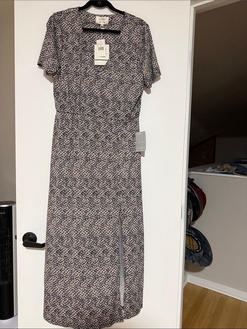 Wayf Black and Cream Short Sleeve Printed Maxi Dress with Side Slit